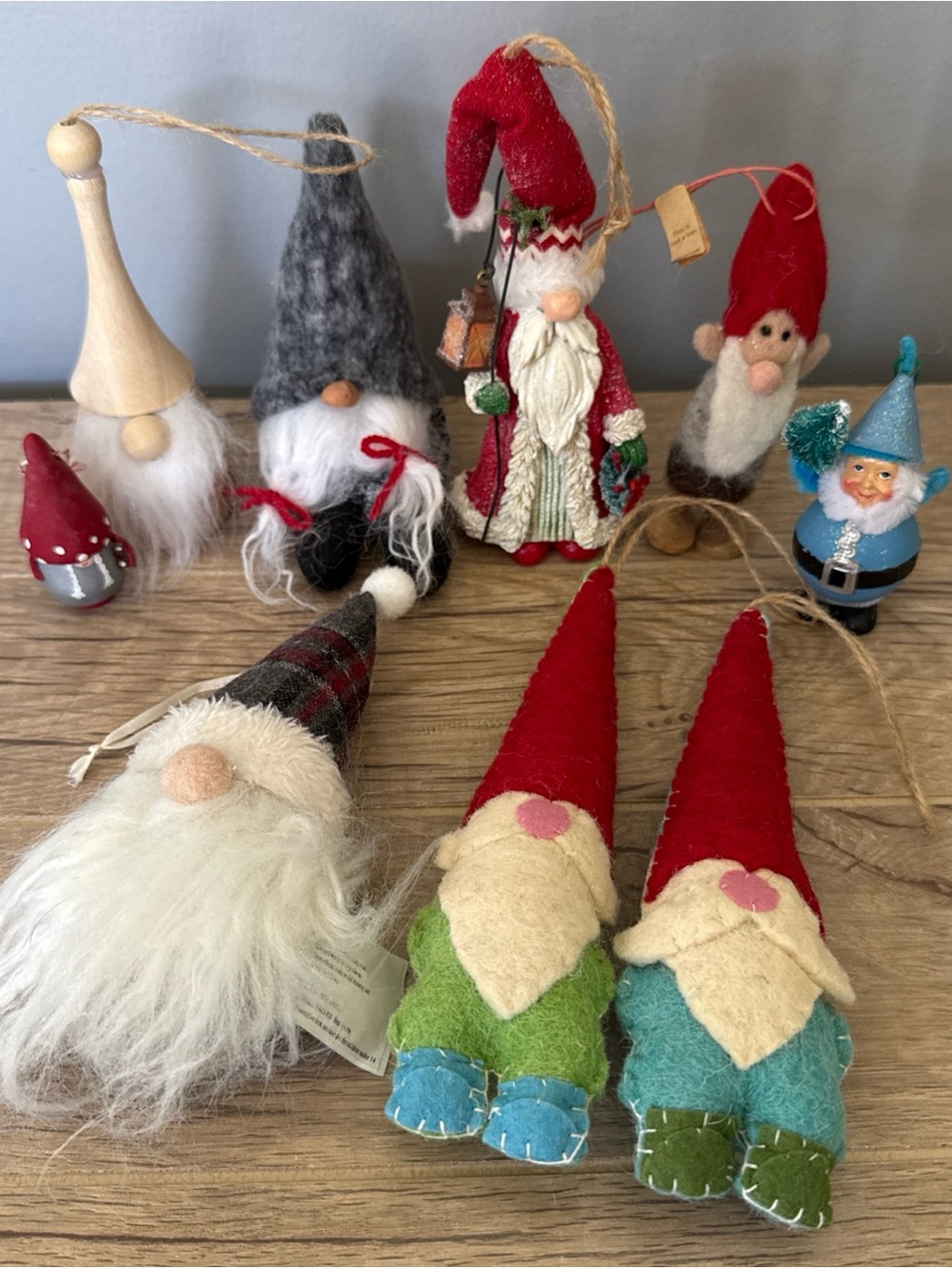 9x GNOME Christmas Ornament Lot wood felt resin Roost Evergreen
